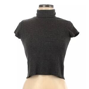 John Galt Black Short Sleeve Fitted Ribbed Knit Cropped Turtle Neck Sweater OS